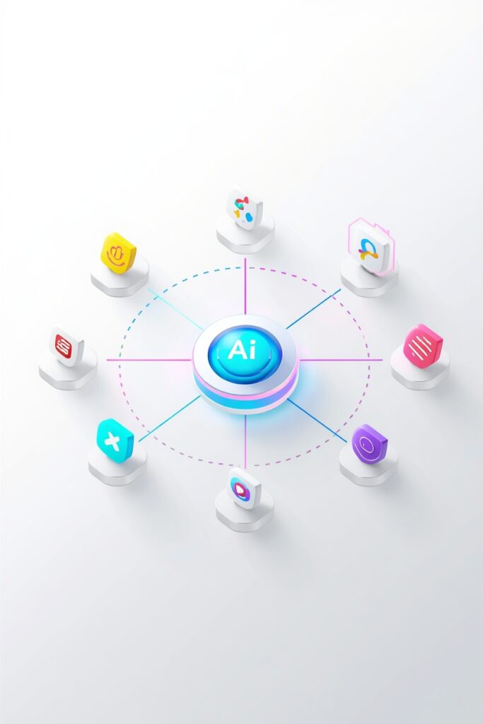 Diagram of a central AI hub connecting to multiple app and integration icons