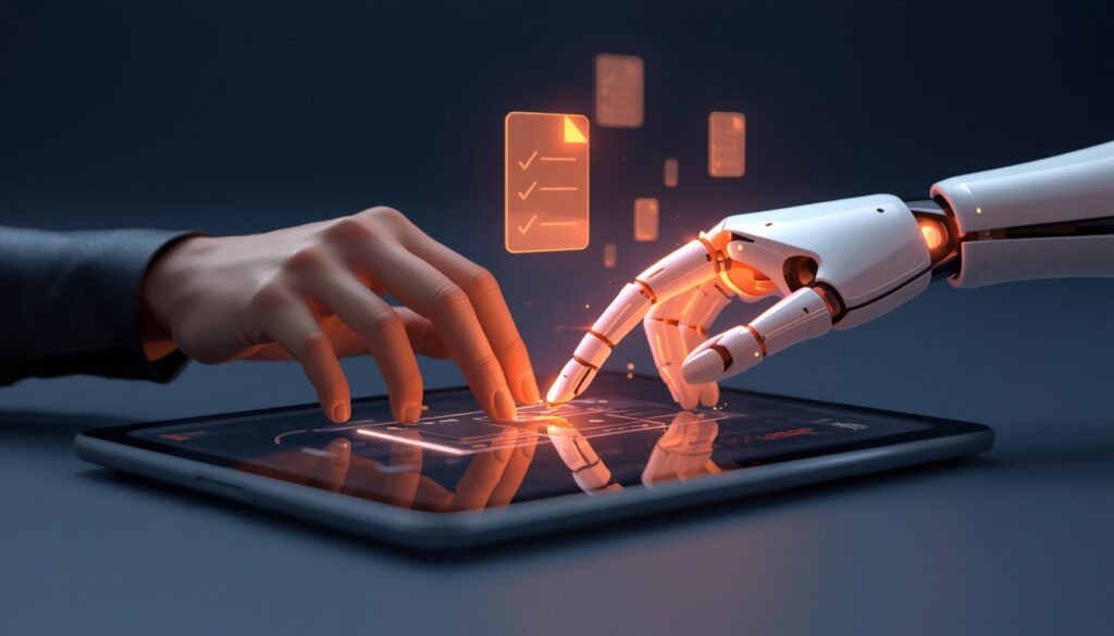 Conceptual illustration of a human hand and a glowing robotic hand both touching a digital screen, representing human and AI collaboration on writing