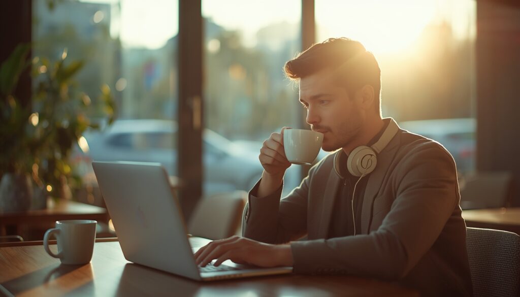 Remote professional working from a bright modern cafe, representing solo workers and small teams using Otter.ai
