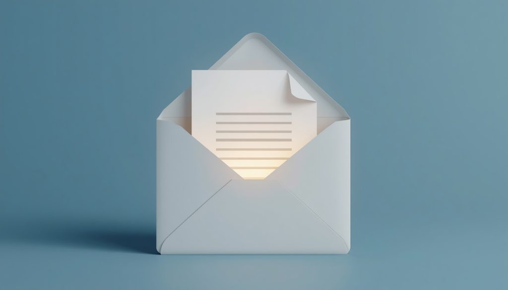 Minimalist 3D render of an envelope opening to reveal a glowing document, representing an automated welcome email