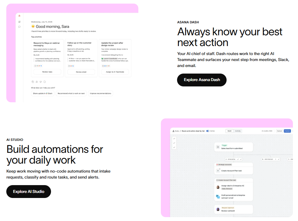 Screenshot of Asana's homepage showing Asana Dash, the AI chief-of-staff feature that routes work and surfaces next steps from meetings, Slack, and email