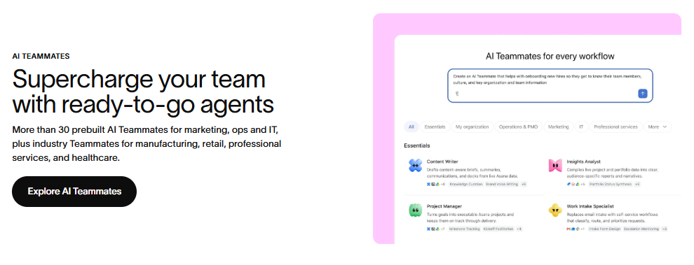 Screenshot of Asana's AI Teammates showcase listing prebuilt agents such as Content Writer, Insights Analyst, Project Manager, and Work Intake Specialist