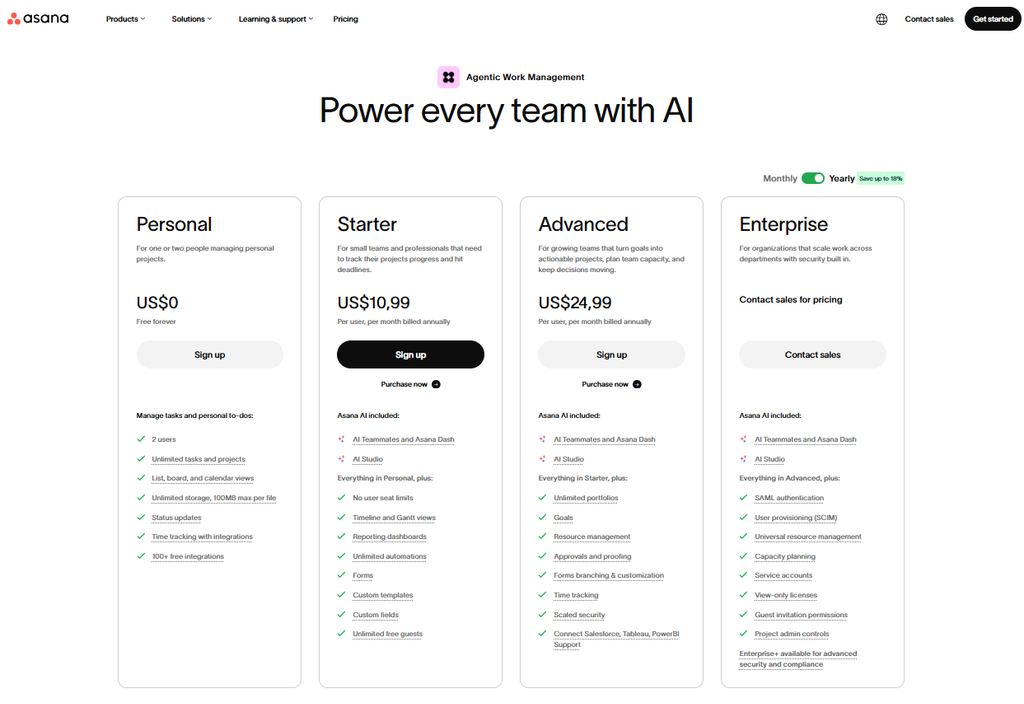 Screenshot of Asana's pricing page comparing the Personal, Starter, Advanced, and Enterprise plan tiers