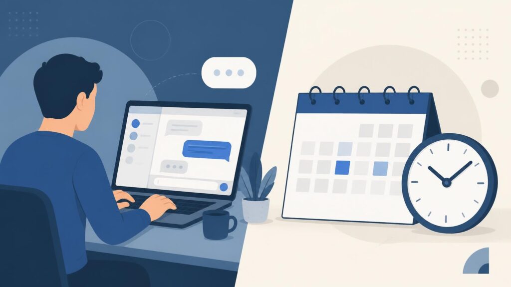 Illustration of a remote worker typing an async chat message beside a calendar and clock, symbolizing asynchronous communication rules for remote teams