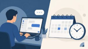Illustration of a remote worker typing an async chat message beside a calendar and clock, symbolizing asynchronous communication rules for remote teams