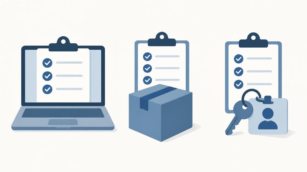 Flat icon illustration of a laptop checklist, shipping box, and key with access badge, representing pre-boarding tasks before a new remote hire's first day