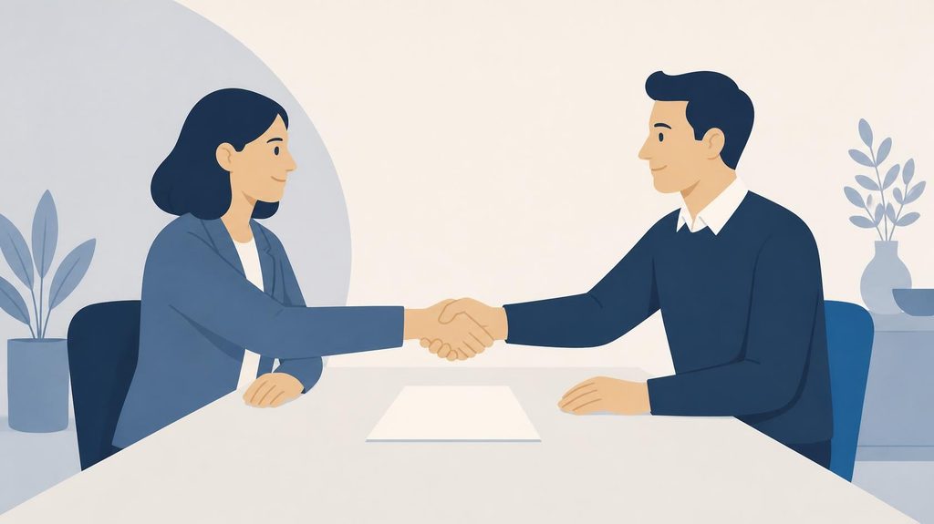 Illustration of two colleagues shaking hands across a table, representing a 30-60-90 day plan conversation with a new remote hire