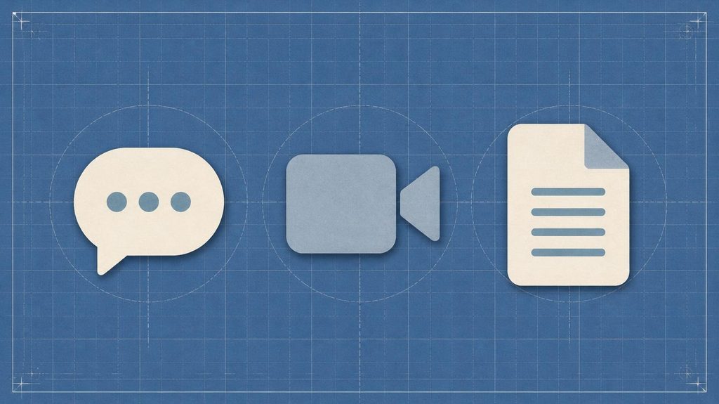 Flat icon illustration of a chat bubble, video camera, and document on a blueprint grid, representing free tools that support remote onboarding