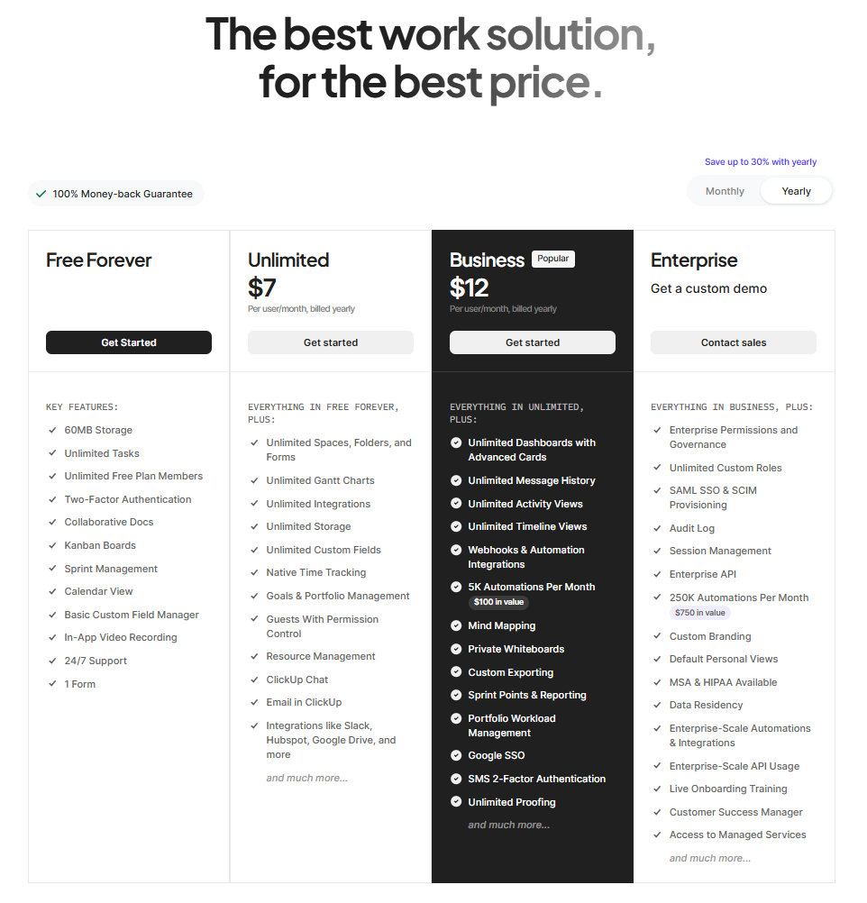 Screenshot of ClickUp's pricing page showing Free Forever, Unlimited, Business, and Enterprise plan tiers