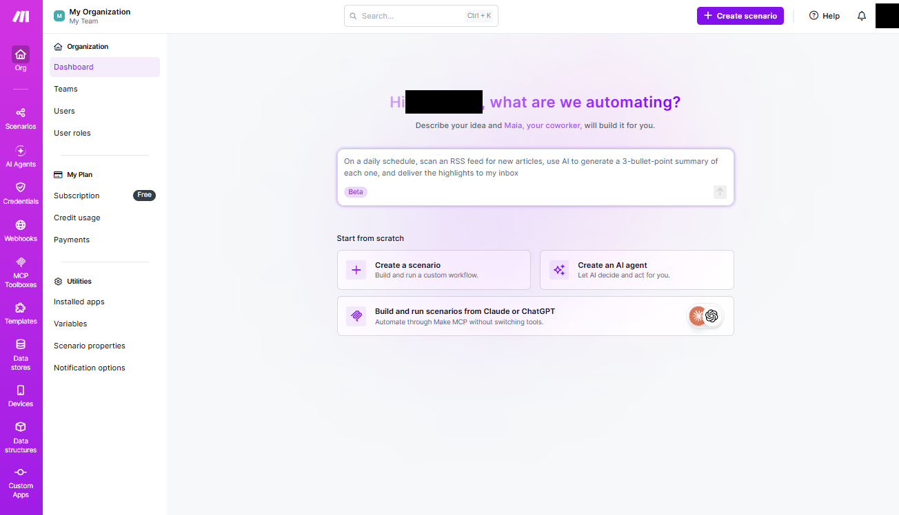 Screenshot of Make's dashboard homepage with prompts to create a scenario, build an AI agent, or start from a template