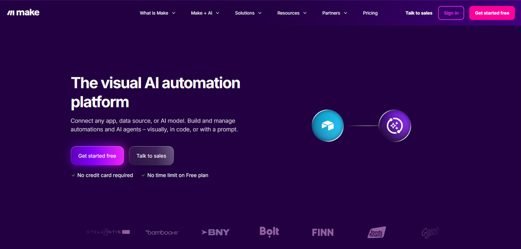 Screenshot of the Make.com homepage showcasing its visual AI automation platform