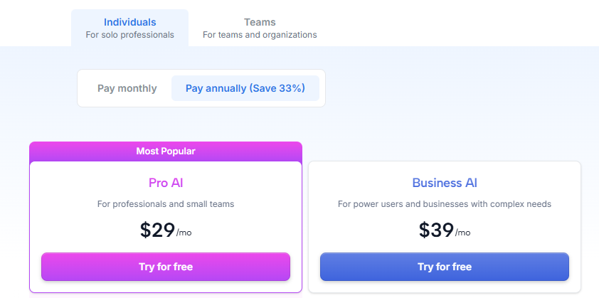 Motion pricing page Individuals tab showing Pro AI at $29/month and Business AI at $39/month, billed annually