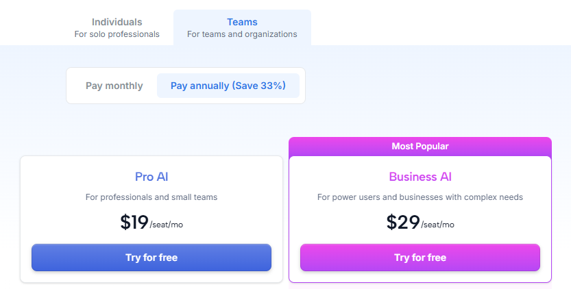 Motion pricing page Teams tab showing Pro AI at $19/seat/month and Business AI at $29/seat/month, billed annually