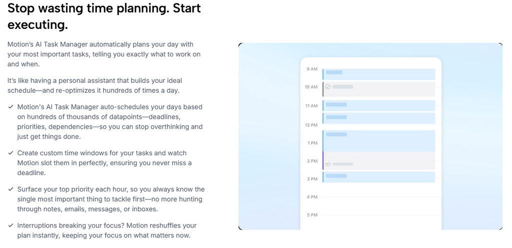 Motion AI Task Manager auto-scheduling a daily agenda on a phone screen, showing timed task blocks from 9 AM to 5 PM