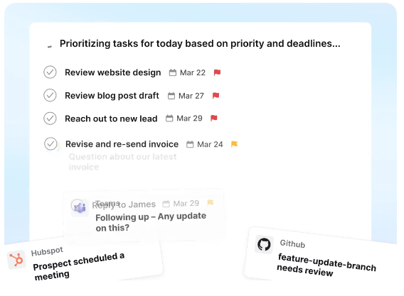 Motion widget showing an AI-prioritized task list for the day with deadlines flagged, plus HubSpot and GitHub integration cards