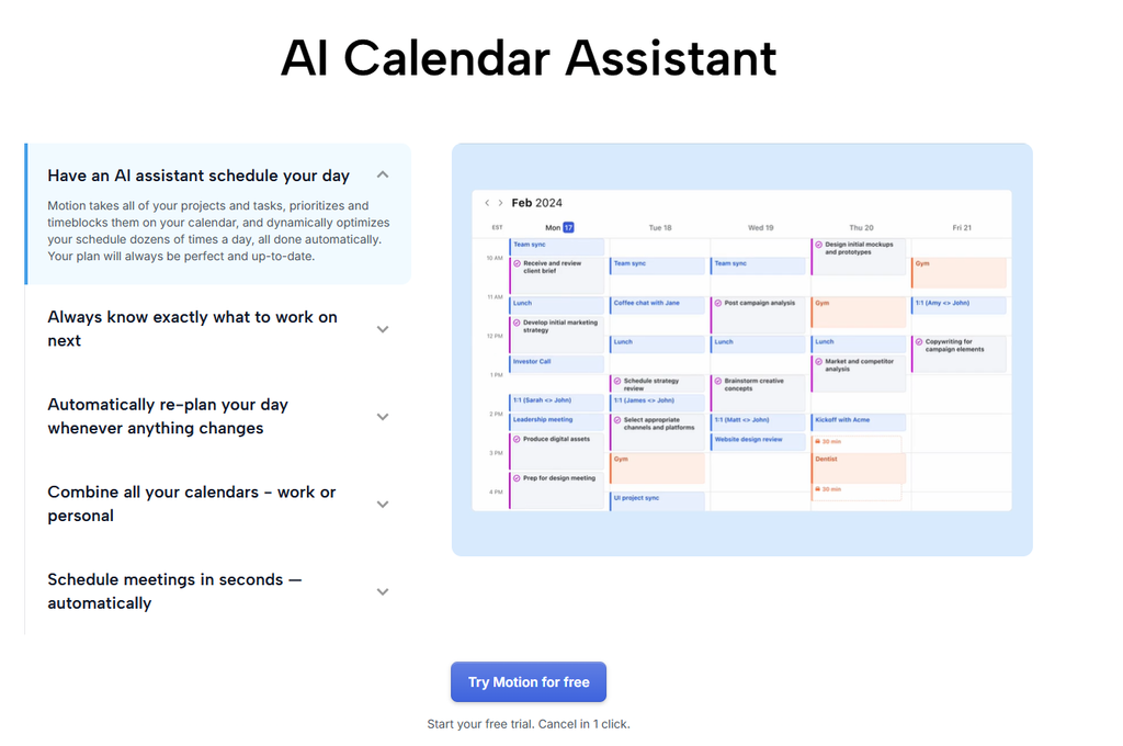 Screenshot of Motion's AI Calendar Assistant automatically scheduling and re-planning a work day