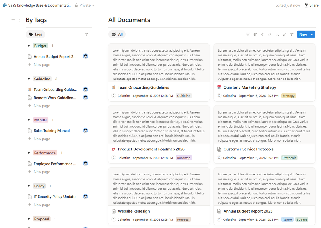 Screenshot of a Notion wiki homepage organized by tags, showing all team documents in one shared workspace