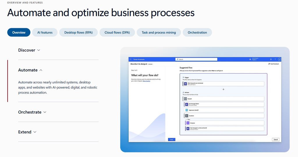 Screenshot of Microsoft Power Automate's business process automation and orchestration features