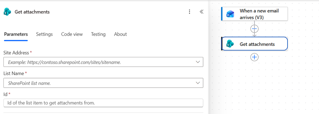 Screenshot of a Microsoft Power Automate flow retrieving SharePoint list attachments after a new email arrives