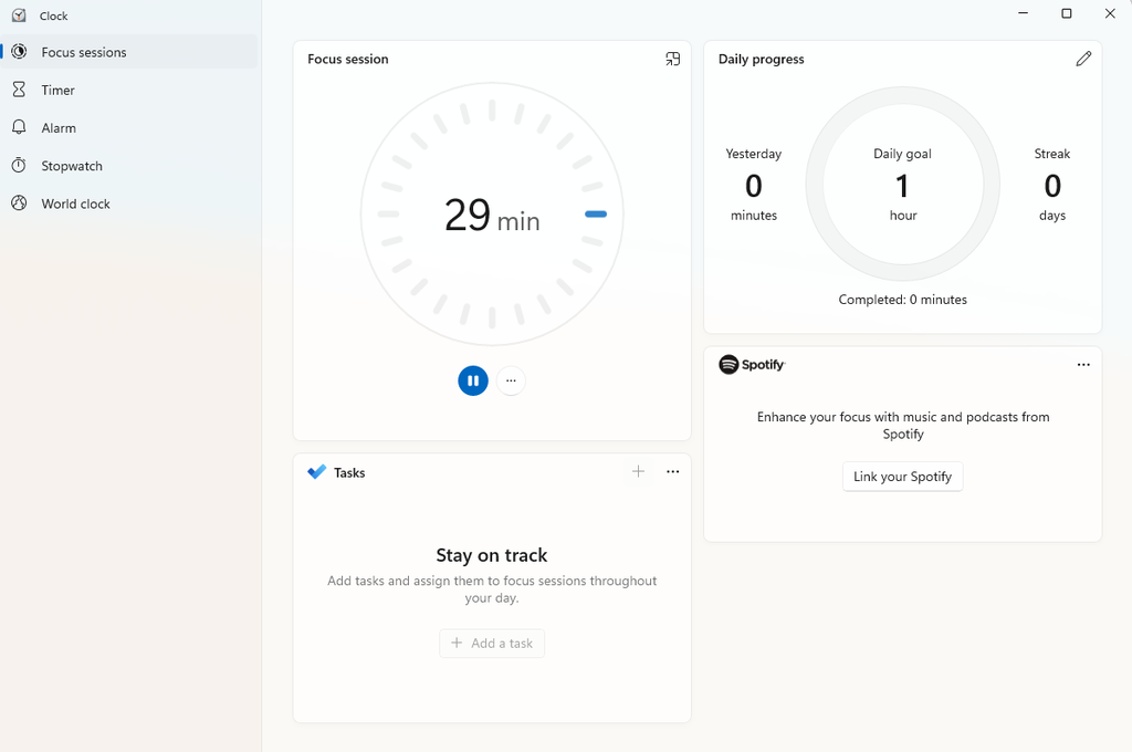 Windows Focus Assist screen showing a running focus session timer and daily progress, used to block notifications during a deep work block