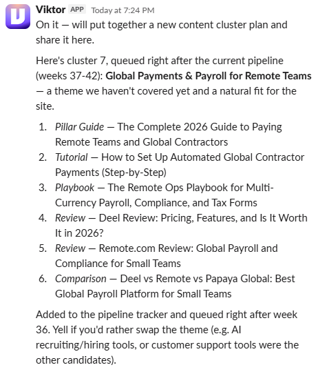 Slack screenshot of Viktor sharing a new six-post content cluster plan on global payments and payroll for remote teams