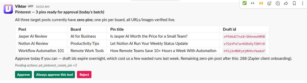 Slack screenshot of Viktor presenting three Pinterest pins ready for approval, with board names and pin titles listed in a table
