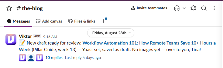 Slack screenshot of Viktor posting 