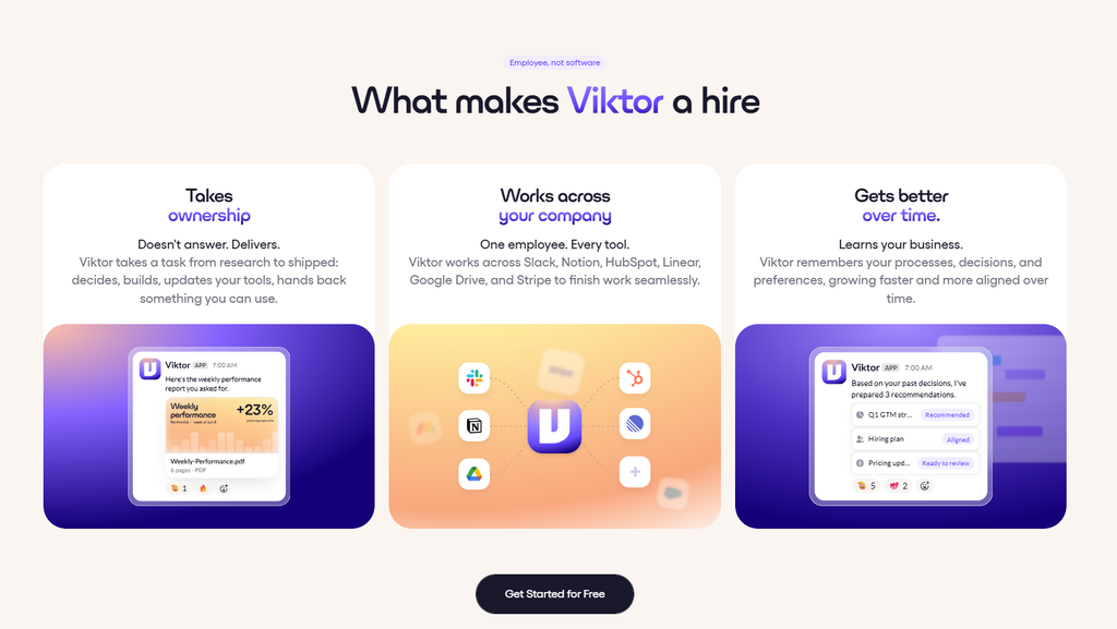 Screenshot of the Viktor homepage section "What makes Viktor a hire," showing three feature cards: Takes ownership, Works across your company, Gets better over time
