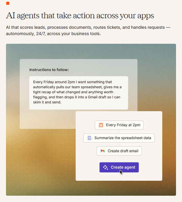 Zapier landing page promoting AI agents that automate tasks across connected apps