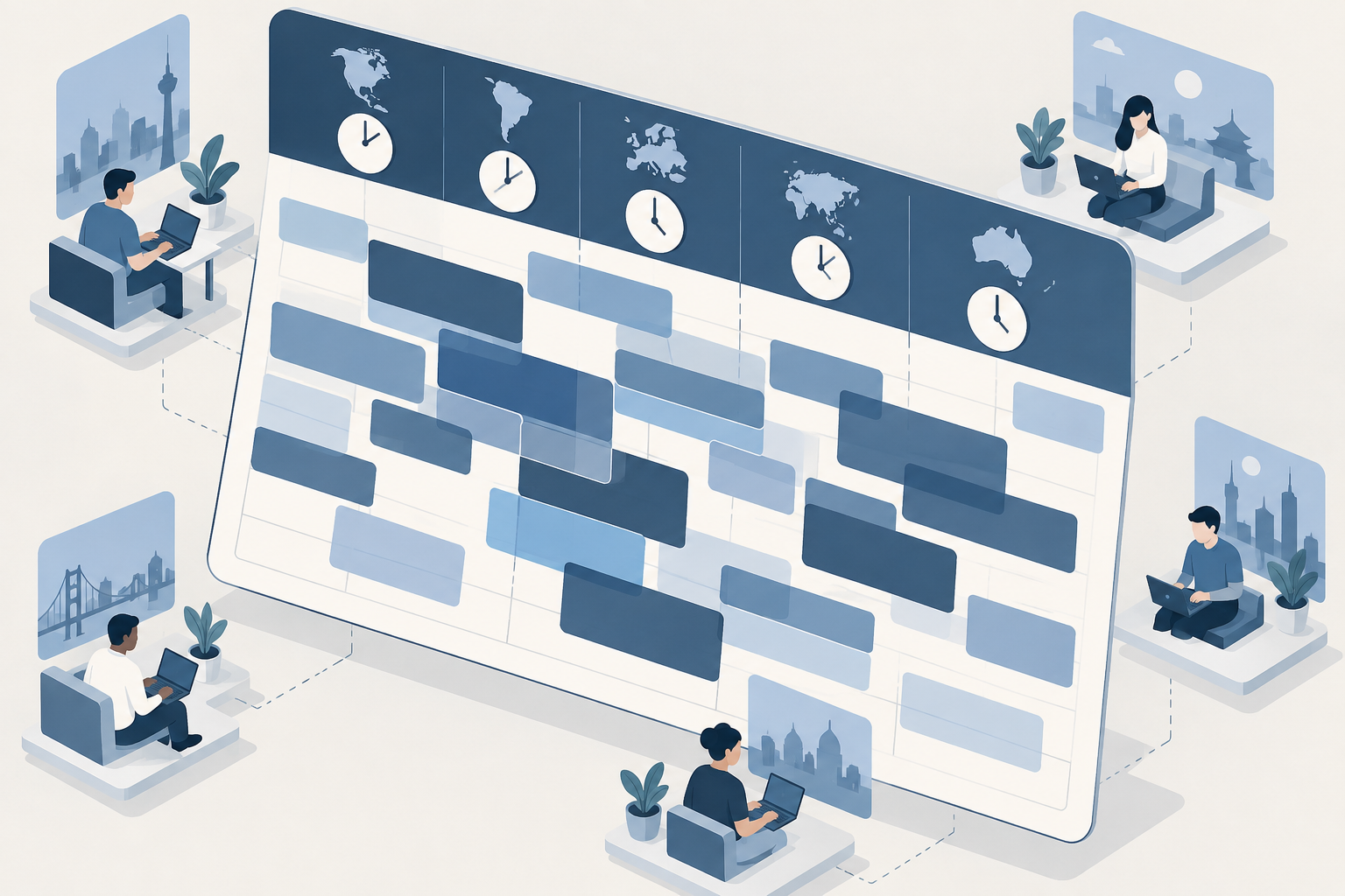 Illustration of a calendar grid overflowing with overlapping meeting blocks across multiple time zones