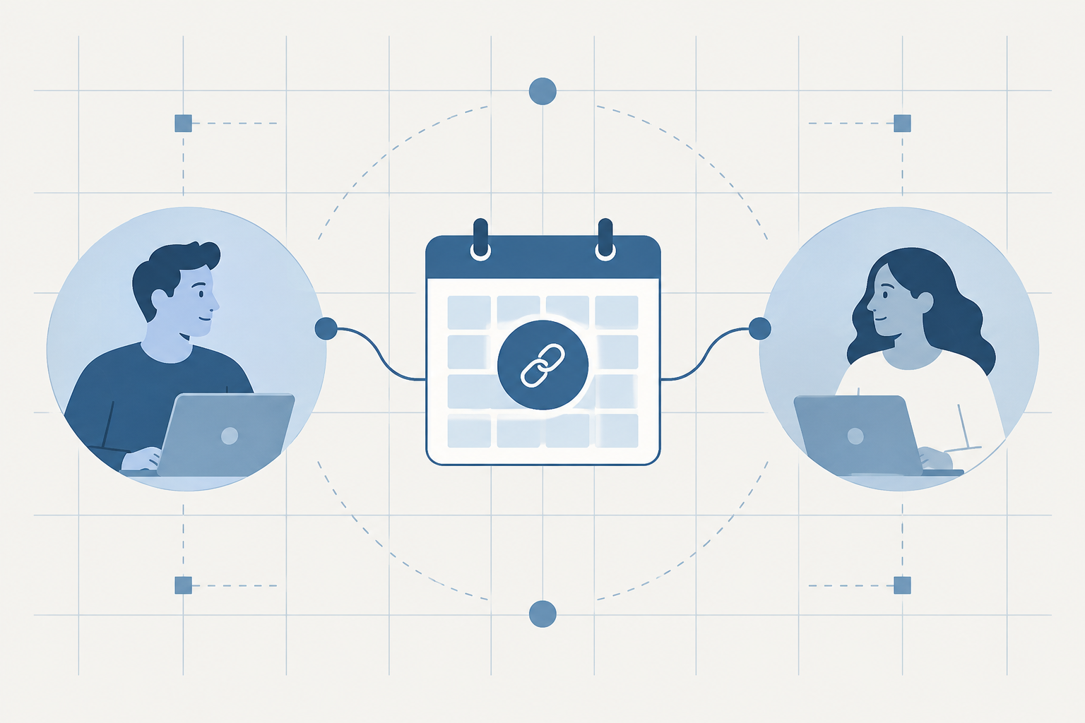 Editorial illustration of two people connected by a shared calendar booking link, representing Calendly's external scheduling