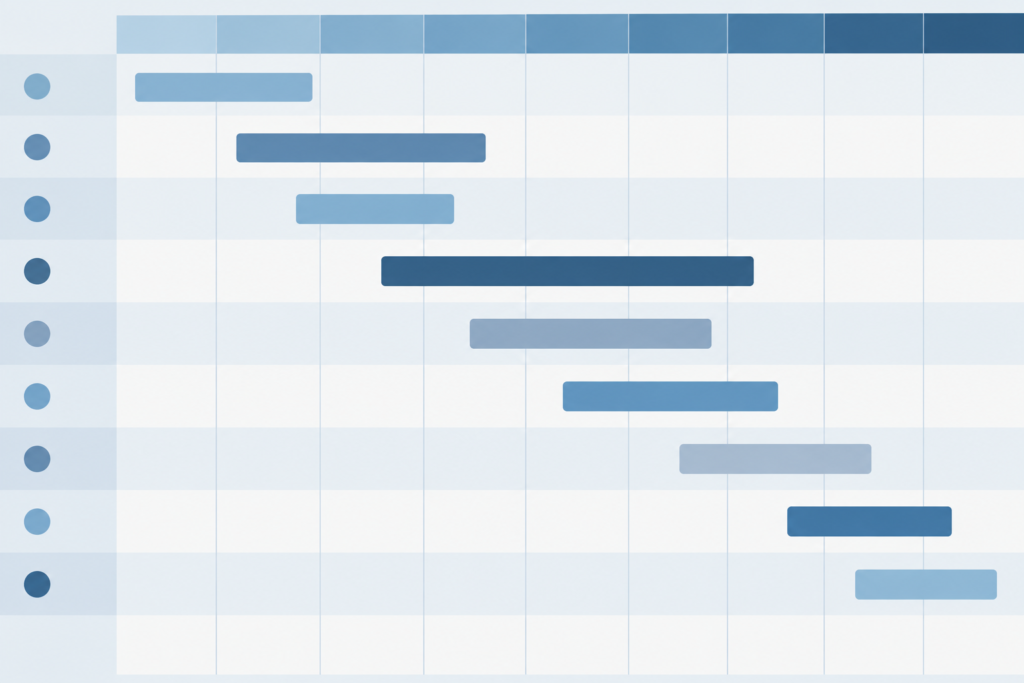 Abstract Gantt chart timeline illustration showing horizontal task bars, representing project scheduling and planning views
