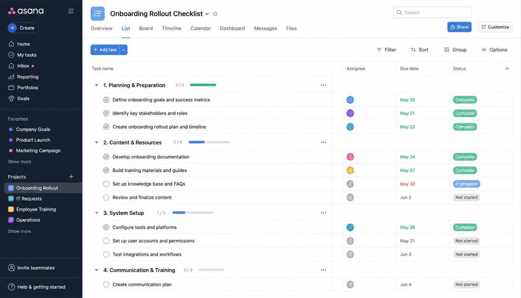 Asana onboarding rollout checklist showing tasks grouped by planning, content, system setup, and communication phases