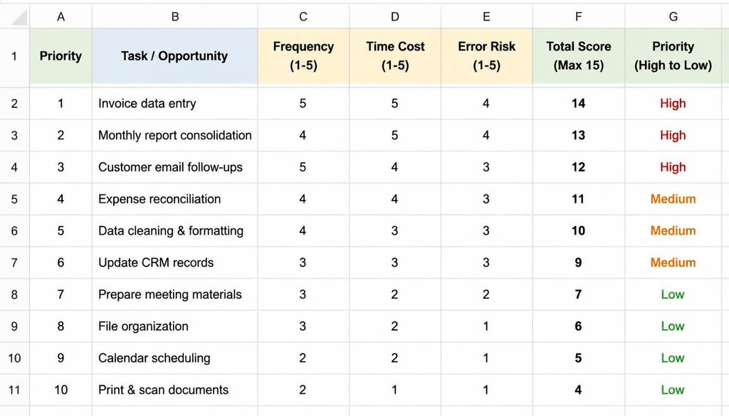 Spreadsheet showing repetitive tasks scored and prioritized by frequency, time cost, and error risk