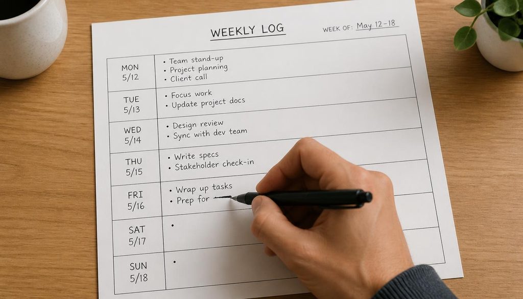 Hand filling in a simple weekly log sheet to track repetitive tasks