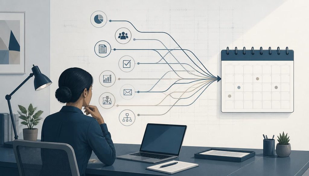 Illustration of a solo professional at a desk with multiple task, deadline, and communication threads converging into one calendar