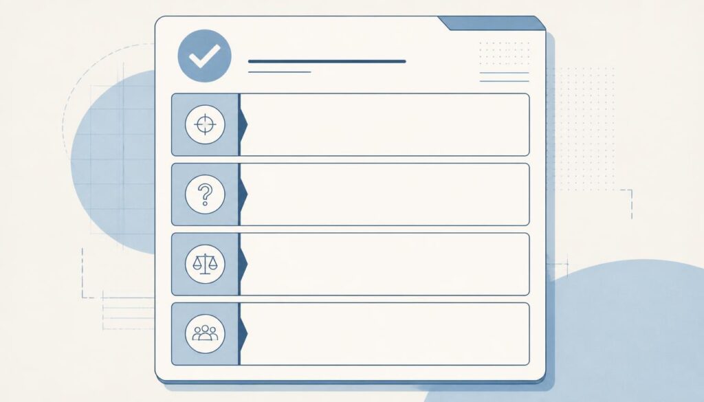 Illustration of a decision doc template with four labeled sections: what, why, considered, and who to ask