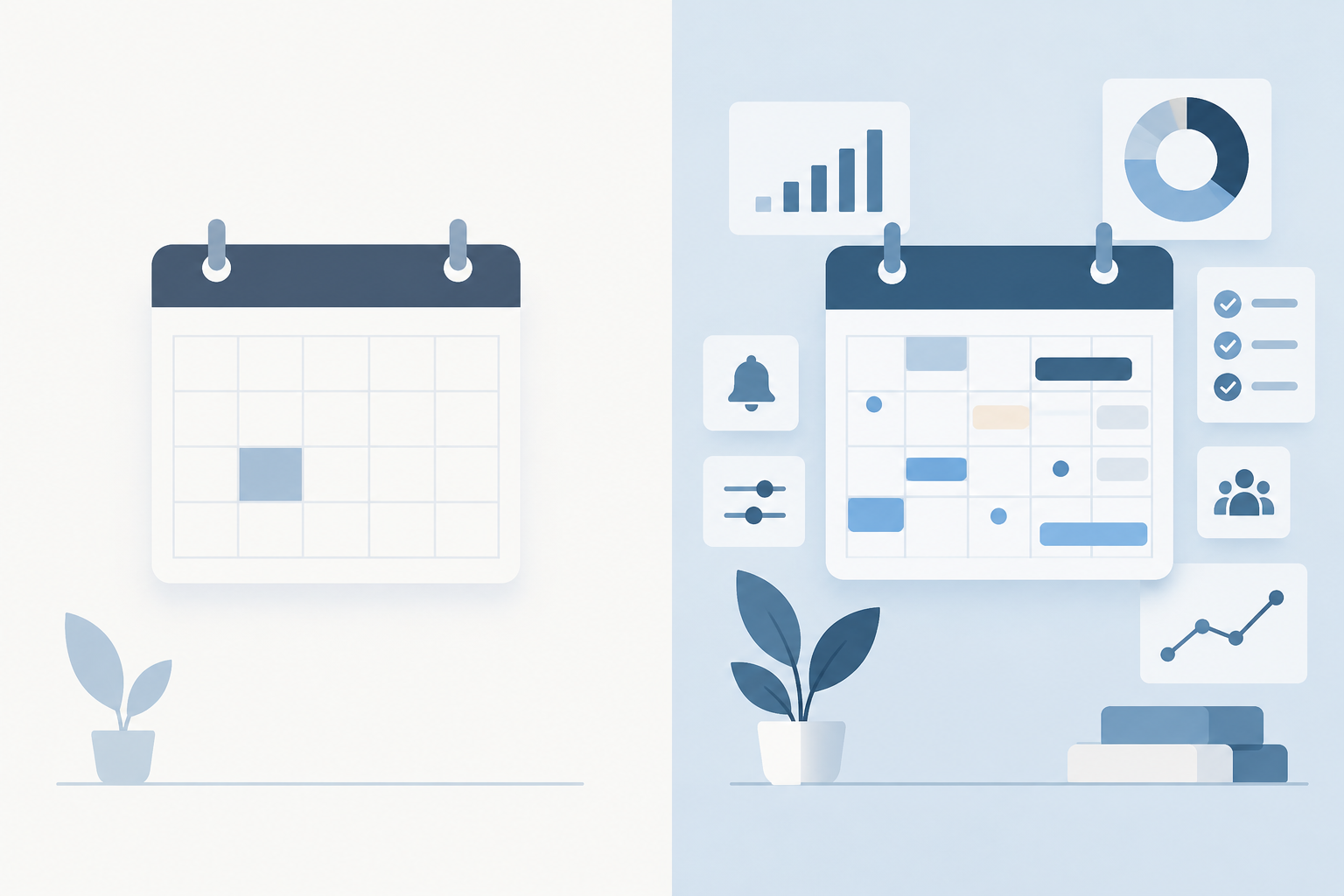 Two-column comparison illustration contrasting a minimal free calendar setup with a fuller premium calendar setup