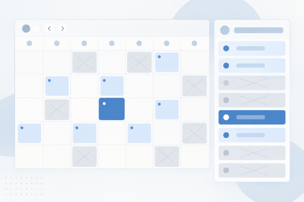 Digital calendar booking page interface showing available and blocked time slots