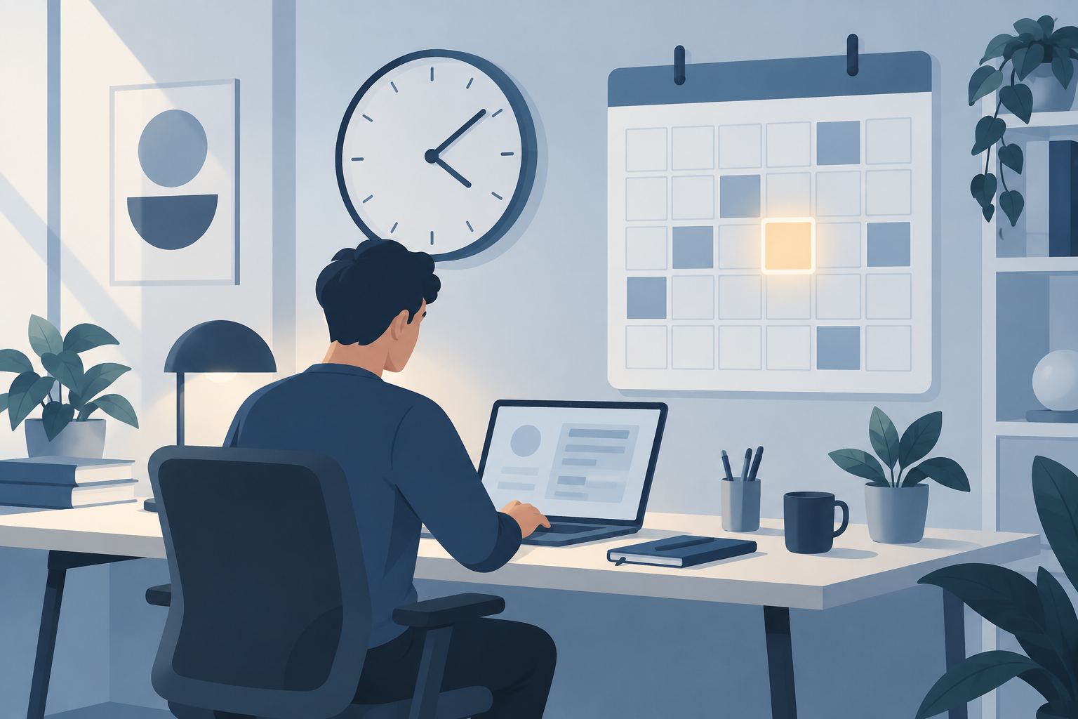 Person working at a desk with a protected focus-time block glowing on a wall calendar