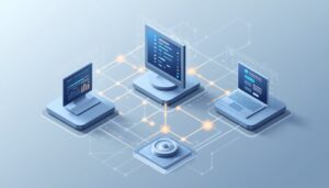 3D isometric illustration comparing three workflow automation platforms side by side, connected by glowing data-flow lines