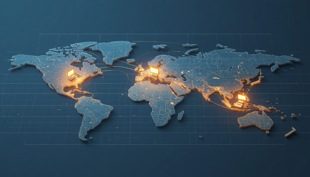3D isometric illustration of a world map with glowing workstations across different time zones connected by automated workflow lines