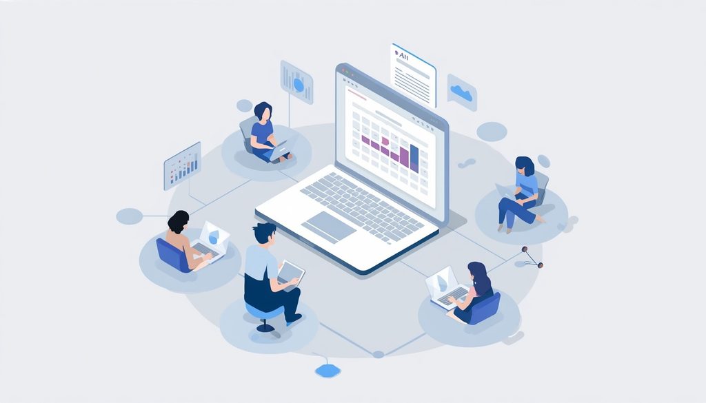 Isometric illustration of one person testing a new AI calendar tool on a laptop while a remote team looks on