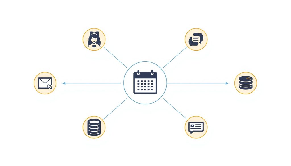 Flowchart of a calendar booking connected to email, CRM, and team chat automation nodes