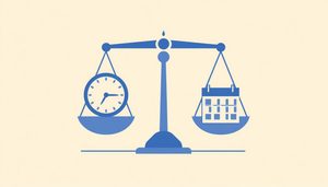 Minimal illustration of a balance scale weighing a clock against a calendar grid, representing Reclaim.ai pros and cons