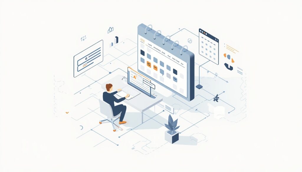 Isometric illustration of a remote worker's calendar auto-rearranging itself around a protected focus-time block