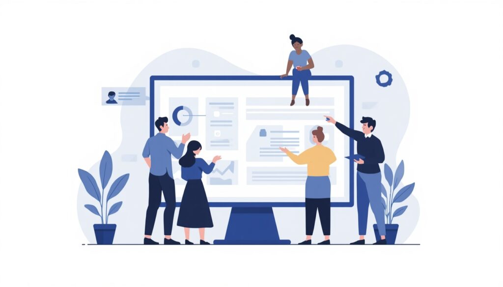Illustration of a small remote agency team collaborating around a shared digital task board