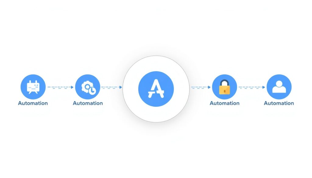 Abstract network of connected app icons linked by flowing lines, representing an automation workflow