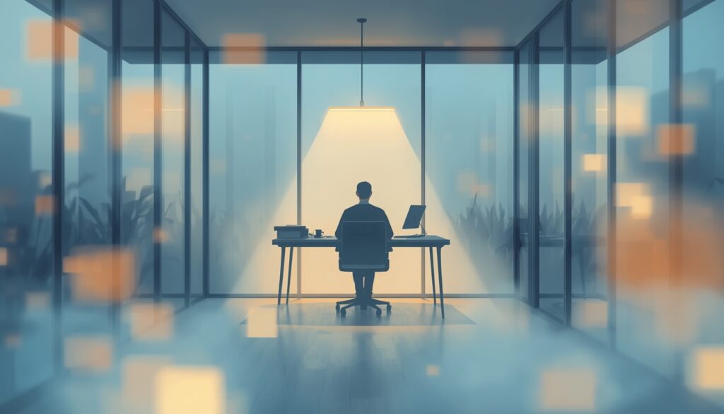 Illustration of a person working at a minimalist desk in a glass-walled home office, symbolizing distraction-free deep work
