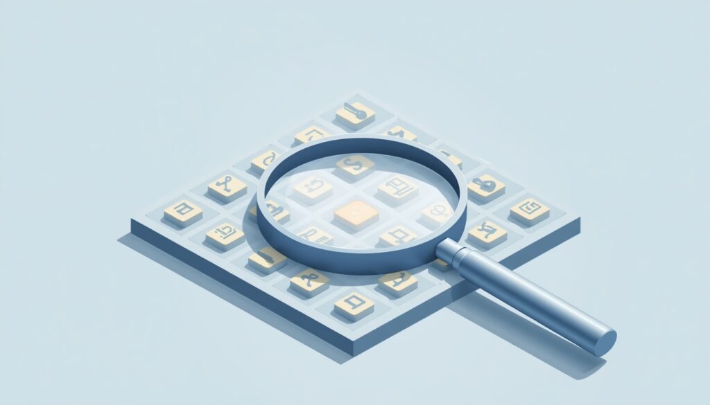Magnifying glass highlighting repetitive tasks in a grid, symbolizing a task audit